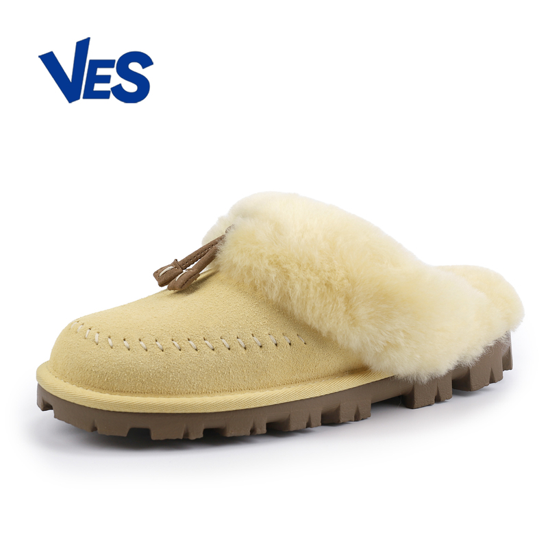 Ves Australian Sheepskin Integrated Toe-Covering Fur Slippers for Outdoor Wear, Lazy Shoes, Sanpo Snow Boots, Tassel Half-Slippers
