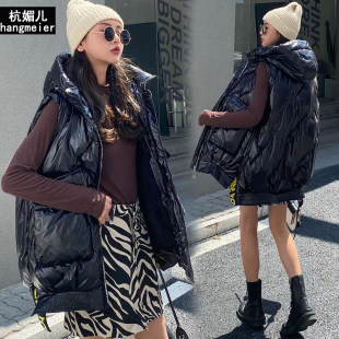 New autumn and winter shiny cotton vest for women, medium-length hooded vest jacket, fashionable and versatile warm vest, trendy