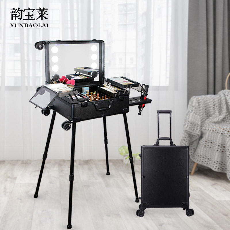Makeup box Professional makeup artist with light lock mirror Portable large capacity pull rod ins net red with the same kind of foot and ear