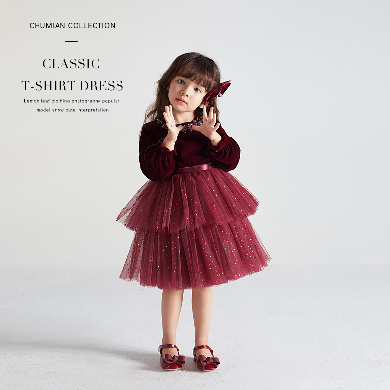 Autumn dress new girl velvet dress in the big children long sleeves small skirt children's autumn winter foreign princess dress