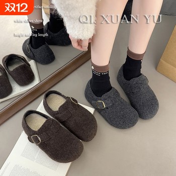 Women's shoes with increased velvet inside, birkenstock shoes, 2025 autumn and winter warm furry birkenstock shoes, single shoes, gray plush