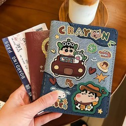Crayon Shin-Chin 레트로 데님 만화 여권 클립 증명서 가방 보호 케이스 다기능 카드 가방 휴대용 해외 여행
