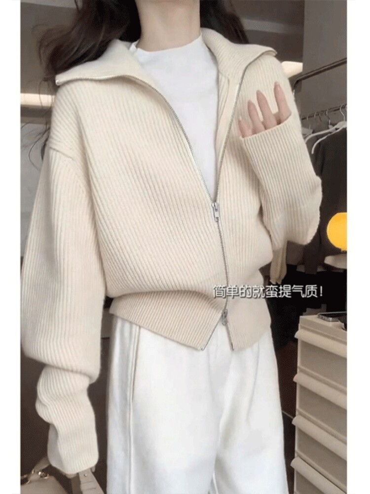 여성을위한 게으른 스타일 더블 지퍼 옷깃 스웨터 재킷 가을 겨울 두꺼운 하이 엔드 부드러운 왁스 니트 카디건 짧은 탑