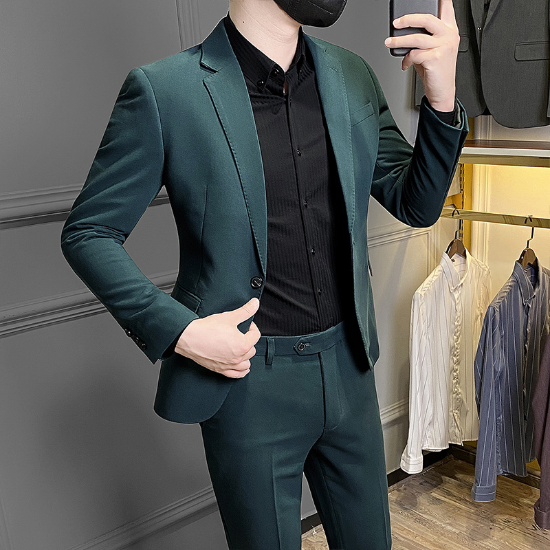Dark Green Men's Suit Set 2026 New Korean Style Slim Fit Business Formal Casual High-End Suit Jacket