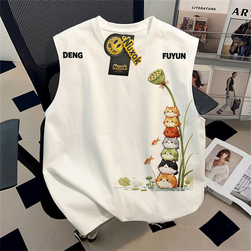 American-Style Cartoon Stacked Cat Ball Imitation Embroidery Print Vest for Men, Loose Pure Cotton Sleeveless T-Shirt, Summer Couple's Top American-Style Cartoon Stacked Cat Ball Imitation Embroidery Print Vest for Men, Loose Pure Cotton Sleeveless T-Shirt, Summer Couple's Top