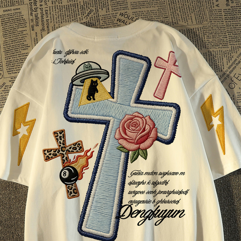 Street-Style Embroidered Cross Rose Lightning Pure Cotton Short-Sleeve T-Shirt Loose American-Style Half-Sleeve Unisex Top