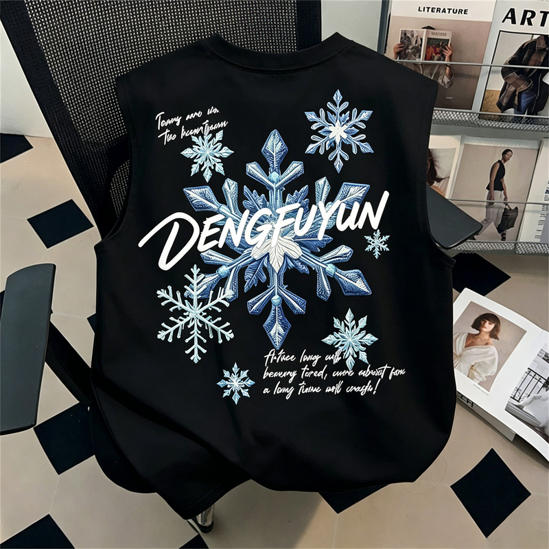 Summer Pure Cotton Snowflake Print Black Vest for Men and Women, Loose Pullover, Versatile Sleeveless Top, Outerwear T-Shirt Top