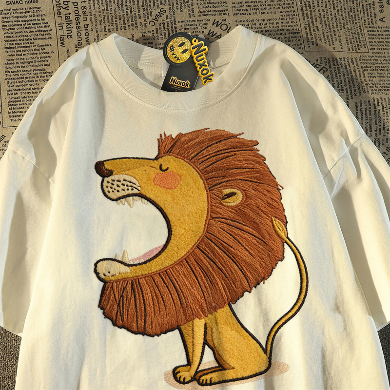 Japanese Retro Open-Mouth Lion Imitation Embroidery Printed Pure Cotton Short-Sleeve T-Shirt for Men and Women, Loose Half-Sleeve Student Top for Summer