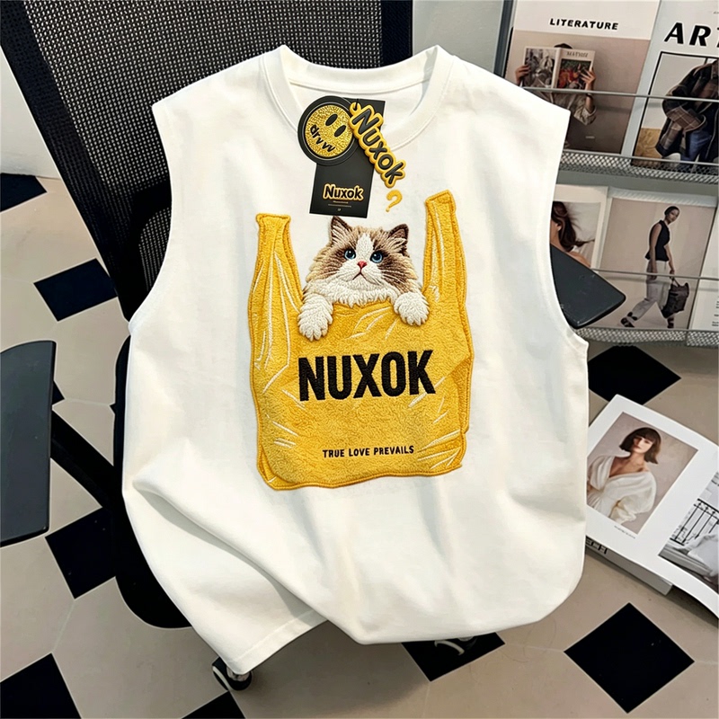 Nuxok Bag Cat Print Sleeveless Vest Unisex Pure Cotton Pullover Outerwear Summer Couple Style T-Shirt Top