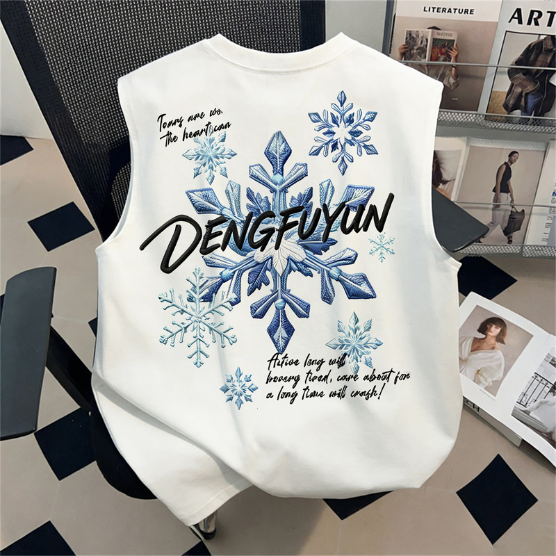 High Street Snowflake Print Pure Cotton Vest for Men and Women, Summer Loose Pullover Trendy Brand Sleeveless T-Shirt Outerwear