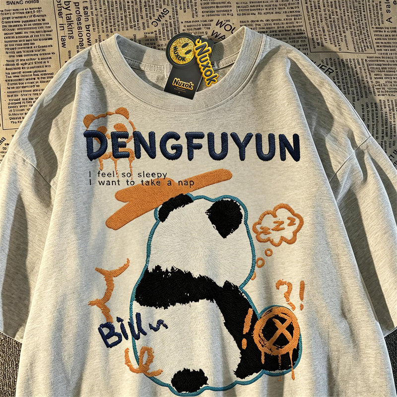 Imitation Embroidery Graffiti Panda Print Short-Sleeved T-Shirt for Men and Women 2026 Loose and Lazy Pure Cotton Cartoon Summer Couple Outfit