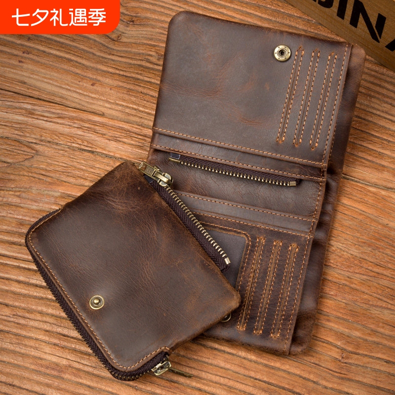 2026 New Model Pure Handmade Crazy Horse Leather Wallet, Vintage Vertical Zipper Wallet, Top Layer Cowhide, Simple Distressed Wallet