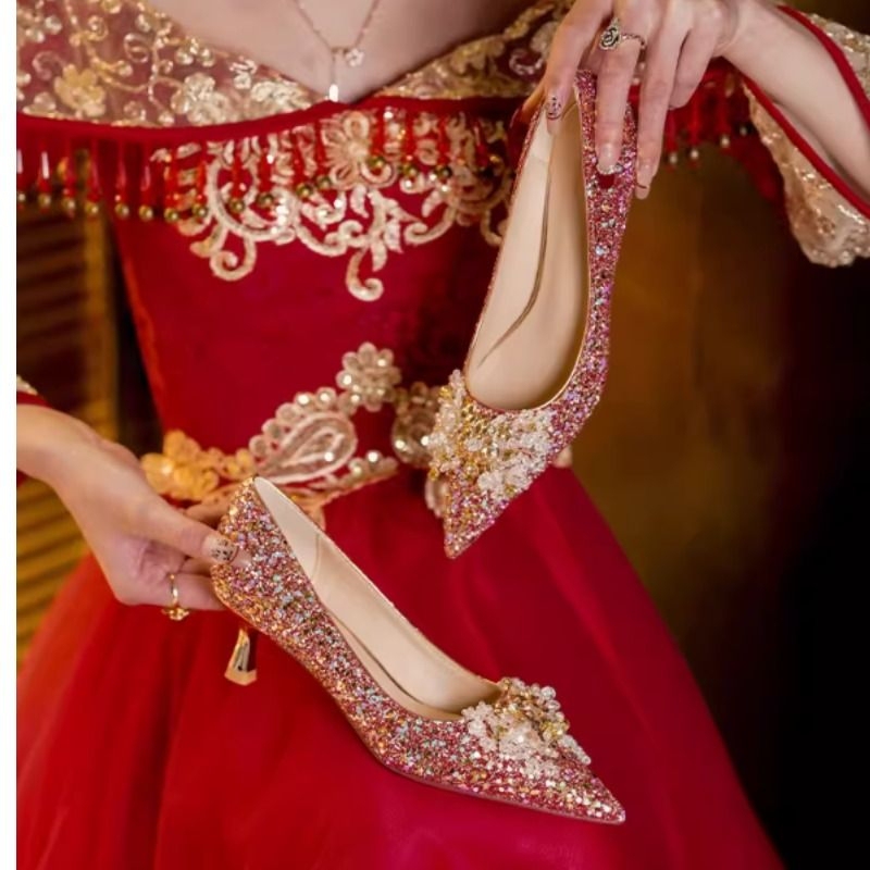 New Style Red Chinese-Style Xiuhe Wedding Shoes for Brides, Women's Thick-Heeled Toast Shoes, Thin-Heeled High-Heeled Shoes, Flat Shoes New Style Red Chinese-Style Xiuhe Wedding Shoes for Brides, Women's Thick-Heeled Toast Shoes, Thin-Heeled High-Heeled Shoes, Flat Shoes