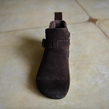 Warm nubuck leather flat short boots for women, flat heel boots, ankle boots, women's shoes, autumn and winter plus velvet martin boots, cowhide