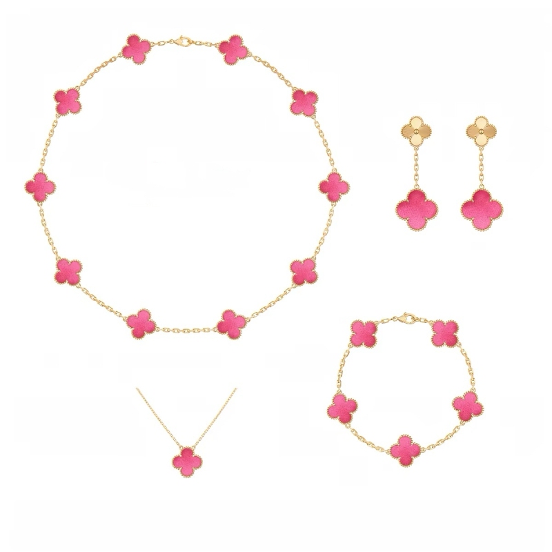 Top-Quality V Gold Thickly Plated with 18K Gold, Encounter the Lucky Dopamine Bubble Pink Enamel Four-Leaf Clover Necklace and Pink Bracelet