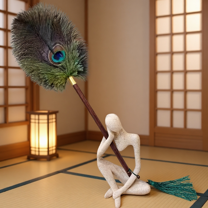 Real Peacock and Ostrich Feather Duster for Home Dust Removal and Cleaning, Anti-Static High-End Decorative Item, Ostrich Feather Duster