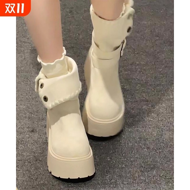 Гонконгские зимние ботинки на толстой подошве, новинка 2025 года, женские зимние ботинки Martin из бархата с небольшим увеличением, толстая теплая хлопчатобумажная обувь