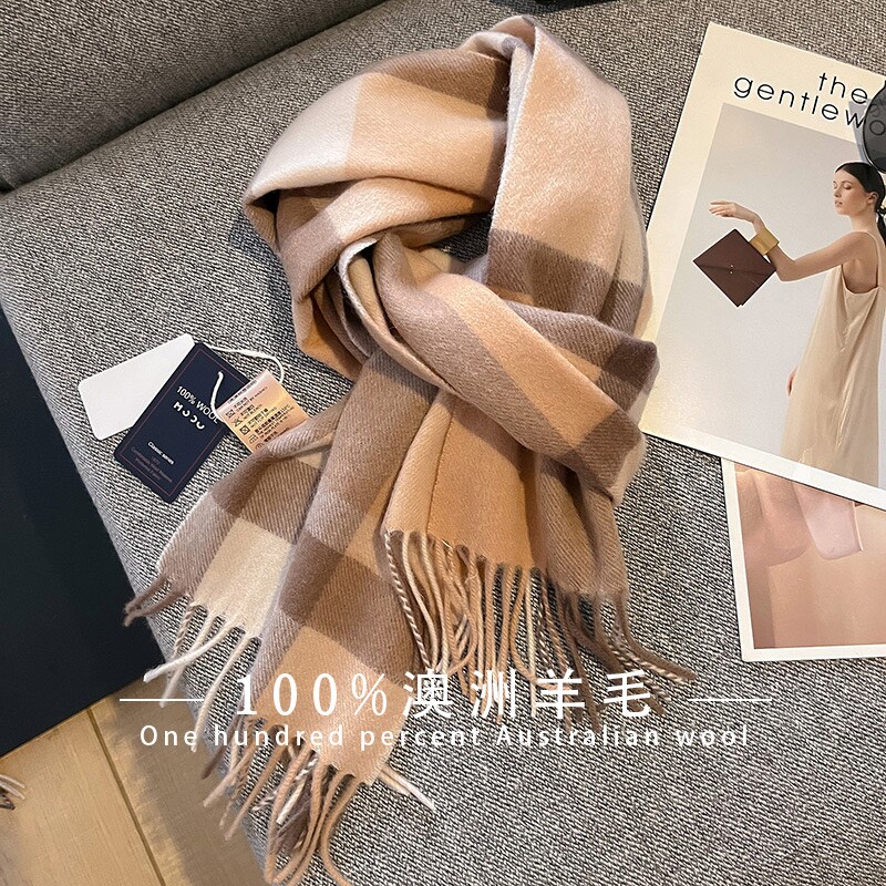 女性用ウール100％スカーフ、2025年冬新作、チェック柄、暖かく高級感があり、カップルにも最適、誕生日プレゼントにも最適