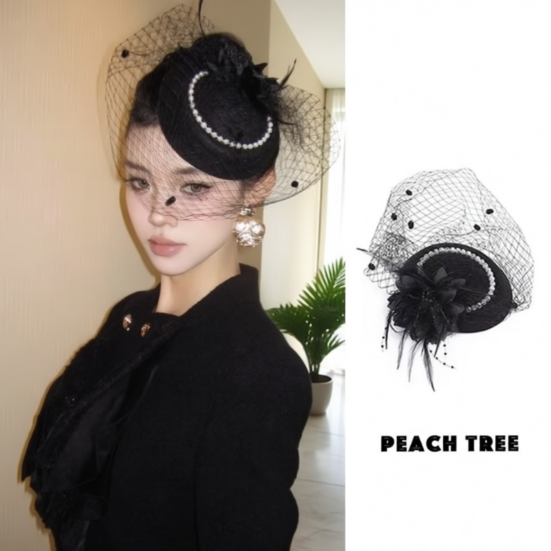 French-Style Hepburn-Style Small Hat, Retro Cheongsam, Mesh Hat, Hair Accessory, Dress Headpiece, Feather, Black and White