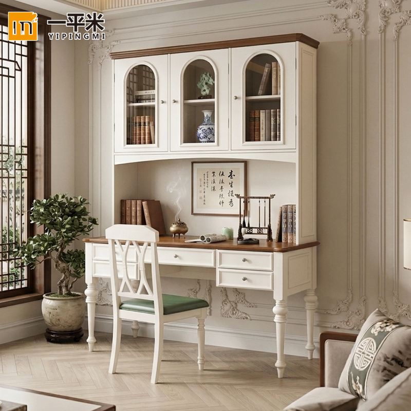 Pure Solid Wood Desk and Bookshelf Integrated with Glass Door, Dust-Proof Storage, Study Room, New Chinese-Style Office Study Computer Desk