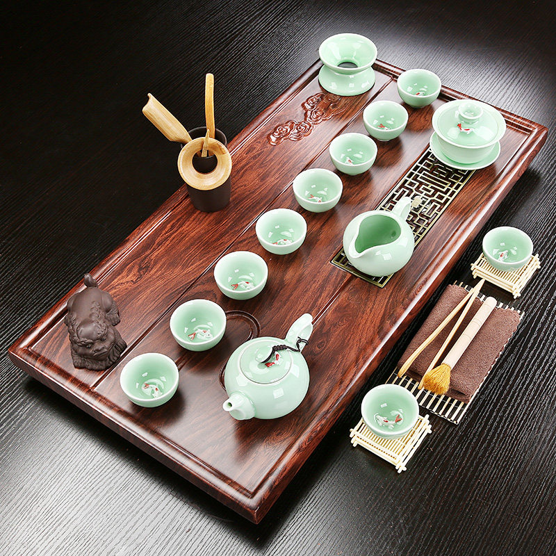 Whole set of ceramic Purple Sand Kung Fu Tea Suit Solid Wood Tea Tray Home Tea Sea Tray Drain Type Small Tea Table Brief-Taobao