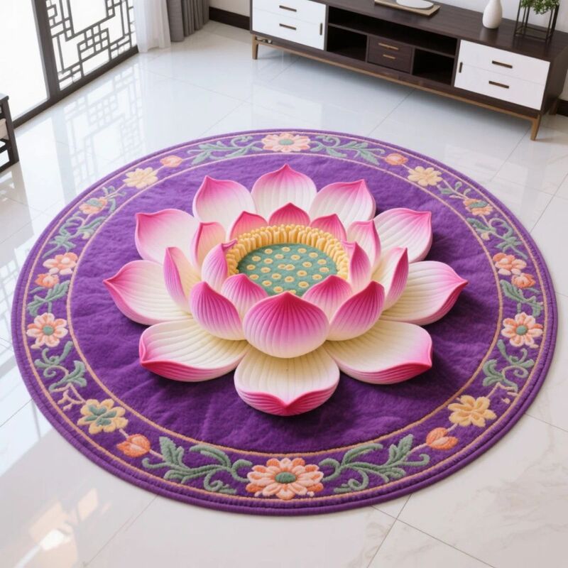 Chinese-Style Lotus Meditation Mat for Home Use in Living Room or Buddhist Temple, Kneeling Mat for Worship, 3D Lotus Full-Length Carpet for Temples