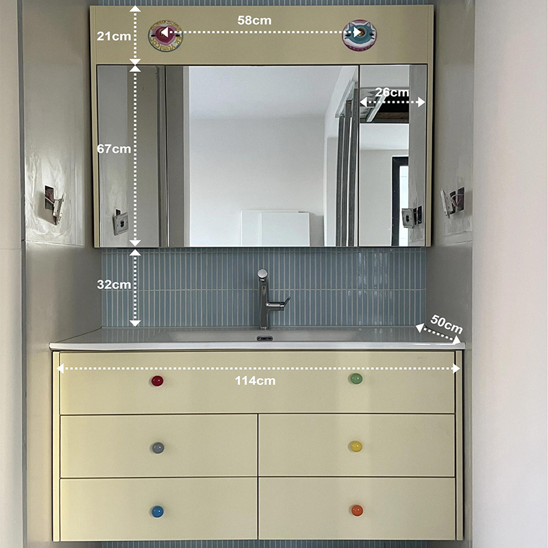 Dopamine Bathroom Cabinet, Colorful Washbasin Cabinet Set, Oak Lacquer, Integrated Ceramic, Bauhaus Color Scheme