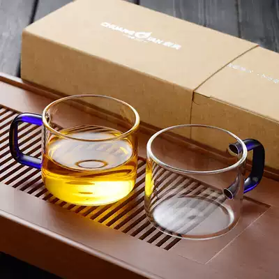 Heat-resistant thickened glass small teacup Kung Fu tea cup with transparent glass water cup blue handle 100ml two