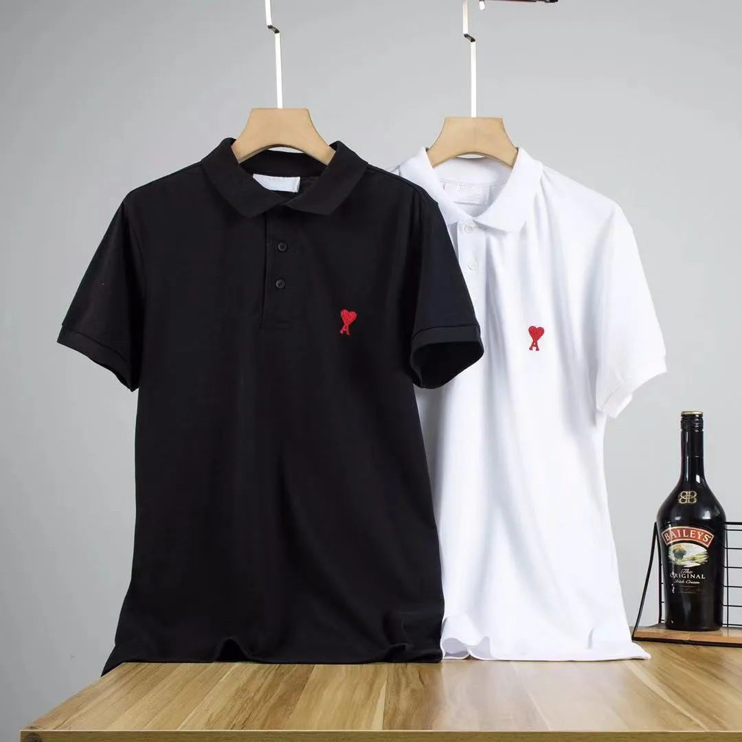 Classic love embroidery Cotton hexagonal beaded cotton fabric Couple men lapel polo shirt T-shirt short sleeve tide