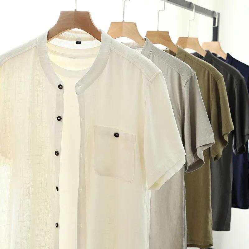 Focus natural linen wood color button Summer Men Fashion Light Tide Casual Standout Collar Short Sleeve Shirt Tide