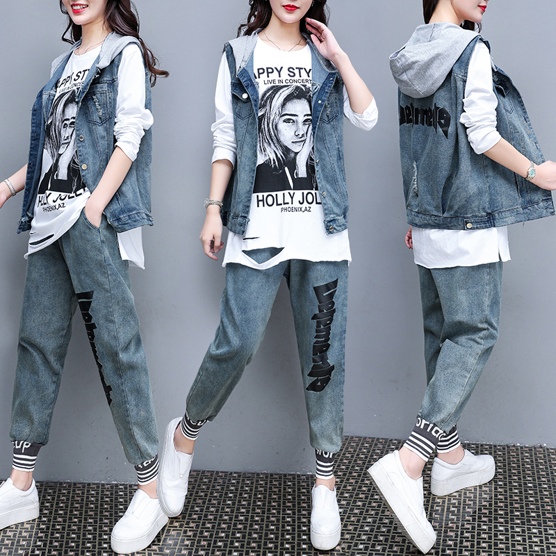 Fat Sister Spring Autumn New Denim Casual Suit Big Size Women's Dress Foreign Pie minus Aging Shade and Slim Two Sets