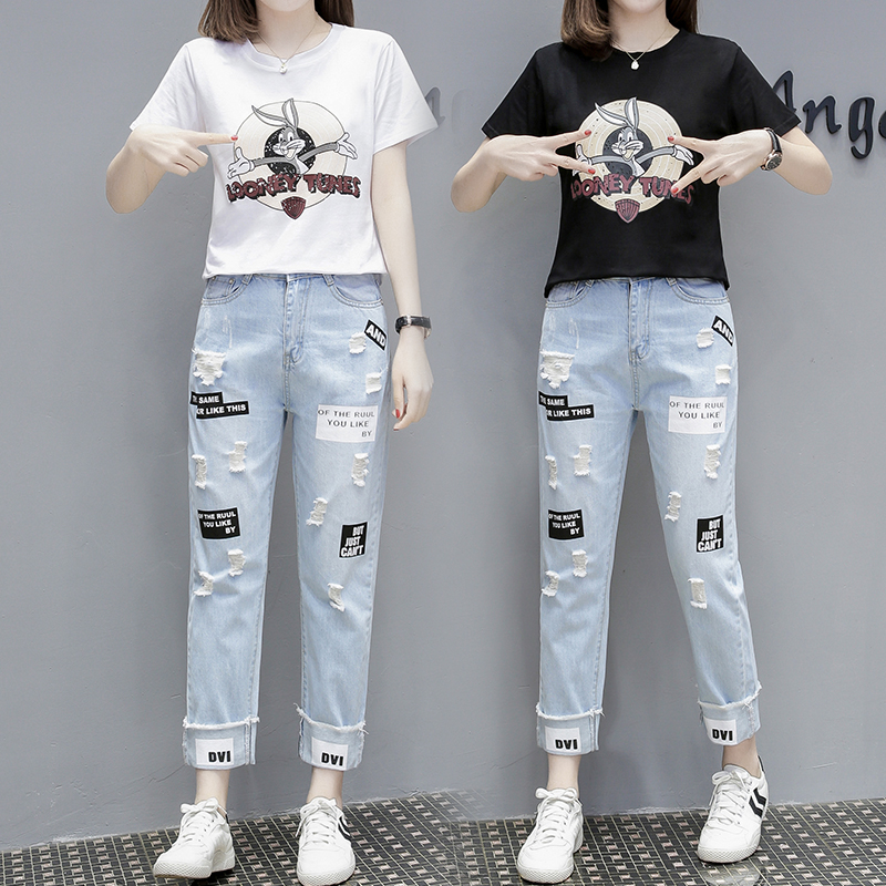 2022 large size women's dress Summer new fashion suit Fat younger sister Conspico Slim down Jeans 90% Pants Two Sets