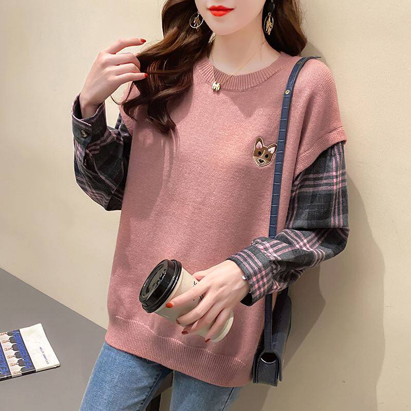 Large size women's clothing 2022 Spring autumn new fat mm fake two sets knitted sweaters Knitted Sweater Foreign Pie minus Belly Blouse