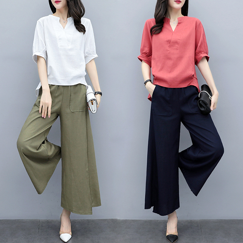 2022 summer new large size fat mm cotton and linen suit women cover the stomach to show thin casual wide pants linen two-piece suit