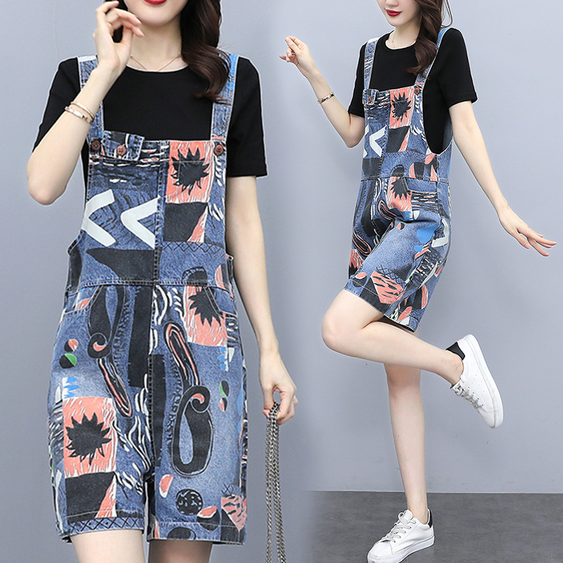 2022 Summer new large size Fat mm printed denim Baby Bag Pants Woman High Waist Harnesses Even Body Shorts Two-piece Style Suit