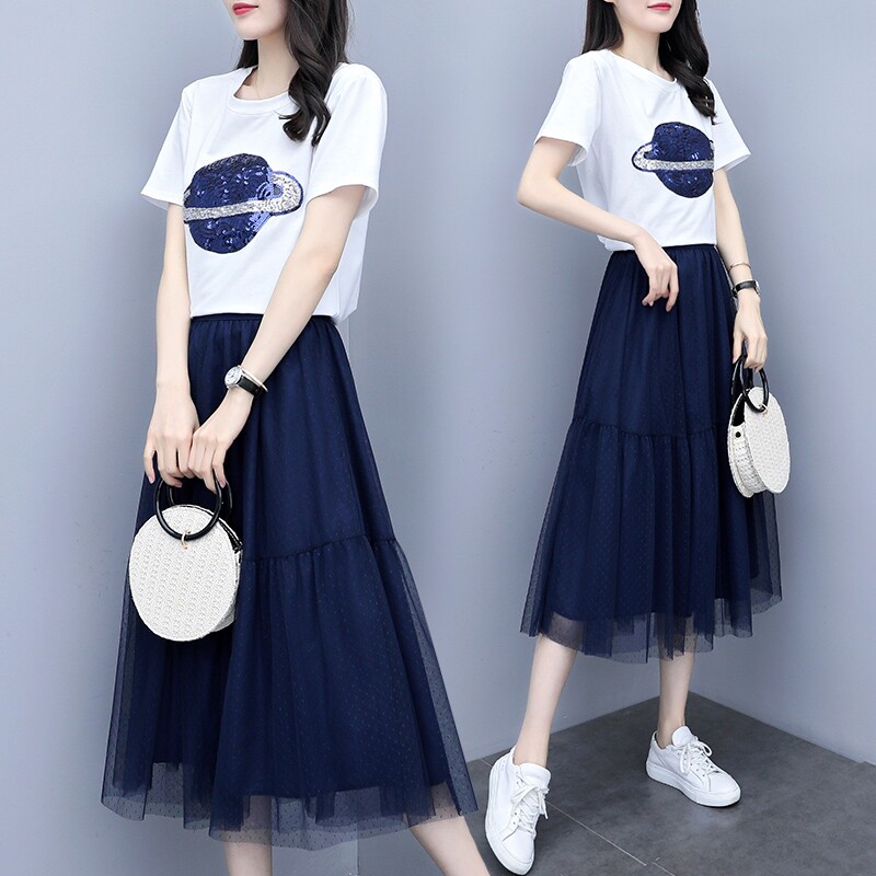 Temperament Slim Fit Woman Summer 2022 New Fashion Mesh Yarn A Character Skirt Half Body Dress Short Sleeve T Two-style suit