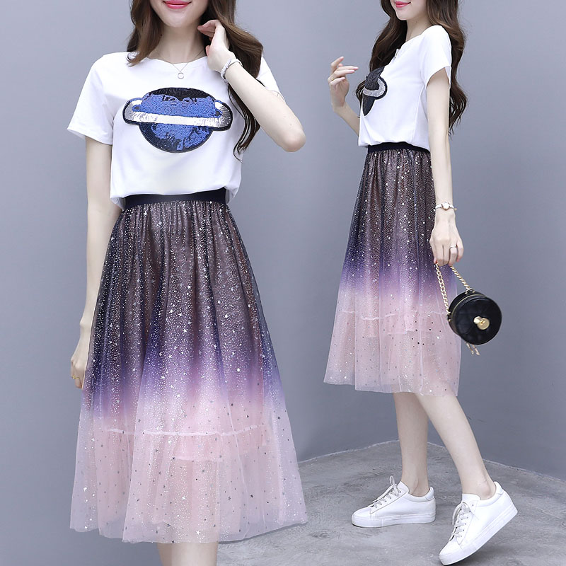 Large size 2022 new fat mm small man dress popular T-shirt mesh two-piece suit skirt fairy Mori