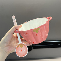 Strawberry cute childrens ceramic double-eared bowl household baby eating bowl anti-scalding steamed egg bowl salad bowl small bowl soup bowl