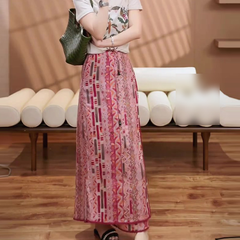 2025年夏の新作タイ風レトロプリントワンピースタイストリングラップスカート軽量シンプル万能エスニックスタイルスカート