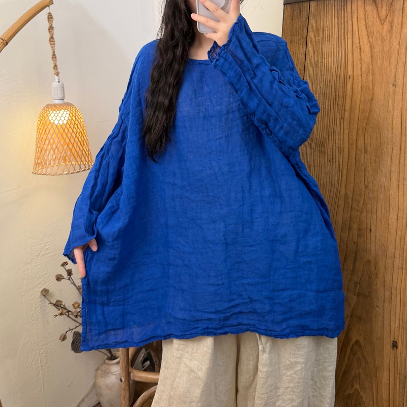 Hualou Produces the 2026 Summer New Casual Versatile Colorful High-End Pleated Loose Linen Round-Neck Oversized Top Hualou Produces the 2026 Summer New Casual Versatile Colorful High-End Pleated Loose Linen Round-Neck Oversized Top