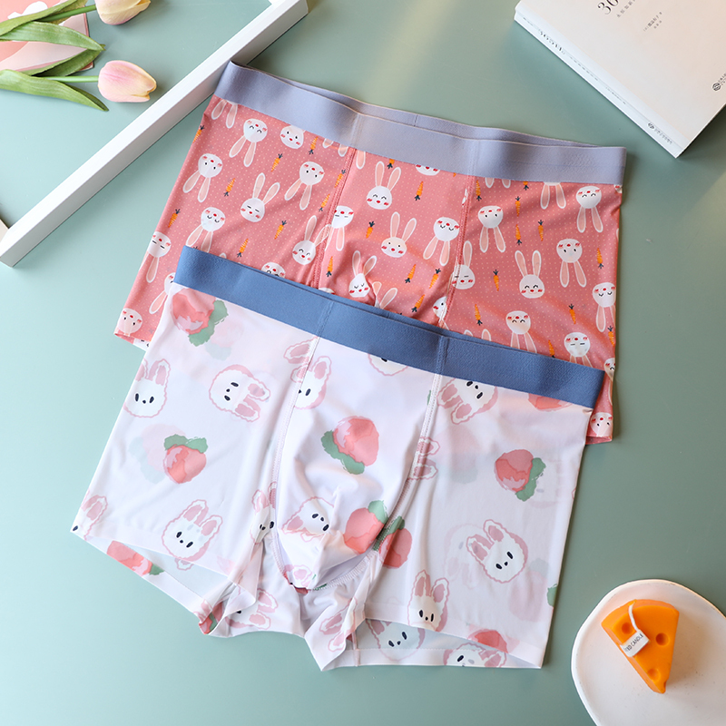 Pink Cute Rabbit~ Men's Underwear with Rabbit Design, Ice Silk Seamless Underwear, Men's Summer Thin Boxer Briefs, 2 Pieces