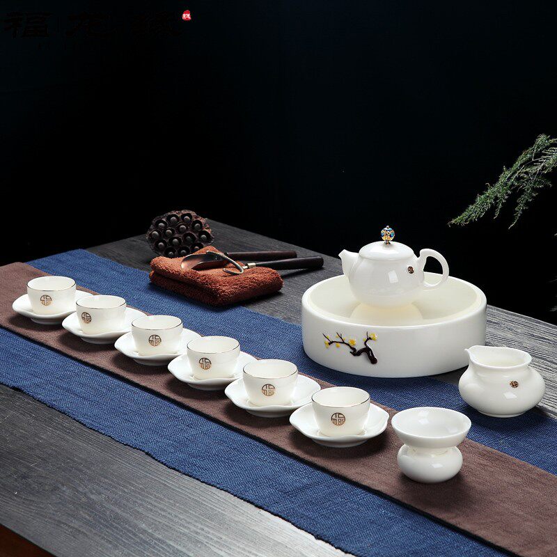 Fulongyuan mutton fat jade porcelain kung fu tea set set home office meeting guests complete set of high-end white porcelain gift box gift