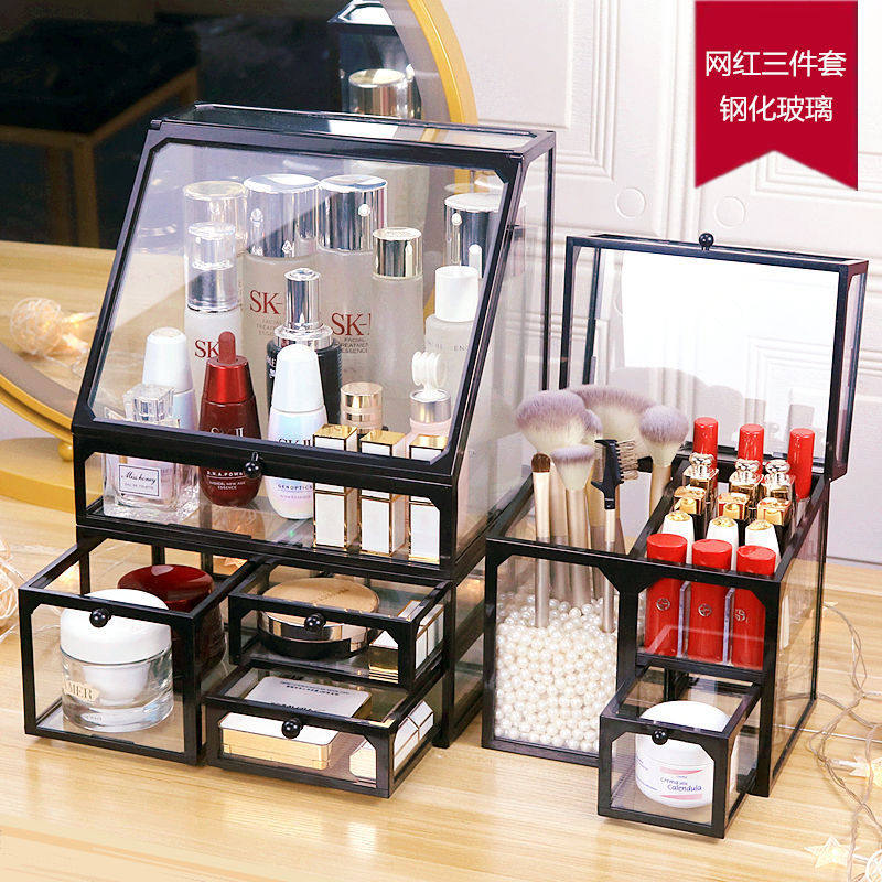 Cosmetic Storage Box Mouth Red Acrylic Mesh Red Desktop Large Capacity Skincare Dust-Proof Brush Barrel Makeup Table Shelf