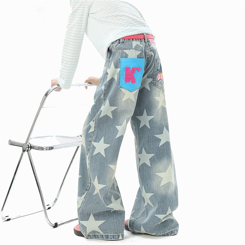 American-Style Washed Star Print Jeans for Men, Autumn Street Design Casual Pants, Loose Niche Workwear Long Pants