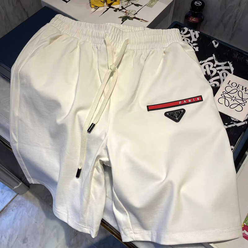 Luxury European Brand Inverted Triangle Logo Metal Leather Badge Summer Loose Beach Drawstring White Shorts for Men
