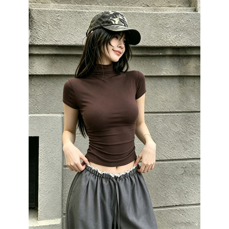 American-Style Spicy Girl Half-High Collar Short-Sleeve T-Shirt for Women, Summer with Chest Pads, Waist-Cinching, Slim-Fit, Autumn Inner Layer, Short Top American-Style Spicy Girl Half-High Collar Short-Sleeve T-Shirt for Women, Summer with Chest Pads, Waist-Cinching, Slim-Fit, Autumn Inner Layer, Short Top
