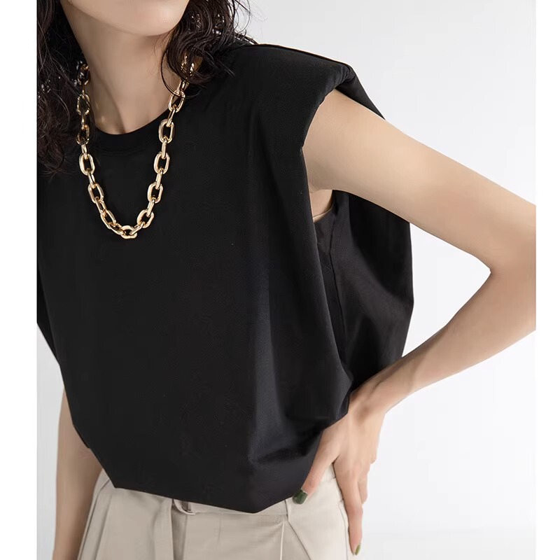 Black Right-Angle Shoulder Sleeveless Vest for Women, American Retro Style, Sleeveless Cotton Padded Shoulder T-Shirt, Oversized Loose Top