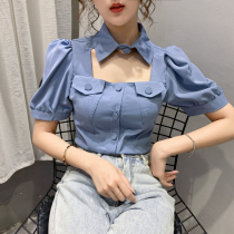 French square collar bubble sleeve design sense niche short sleeve shirt womens short top lapel hollow port taste summer