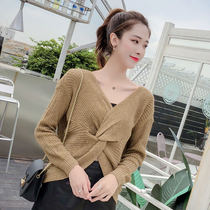 Cross v-neck sweater that comes with gentle buff Loose lazy womens long sleeve sweater loose top women solid color