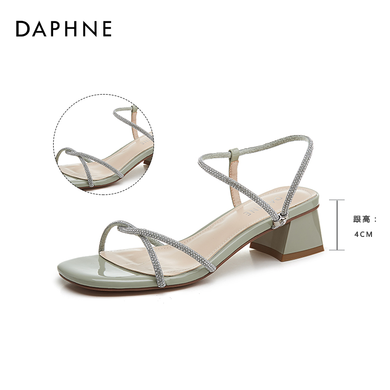 Green [Cross] 3226Daphne Rome high-heeled Sandals 2021 new pattern female summer Middle heel Thick heel rhinestone Straight buckle temperament Women's Shoes